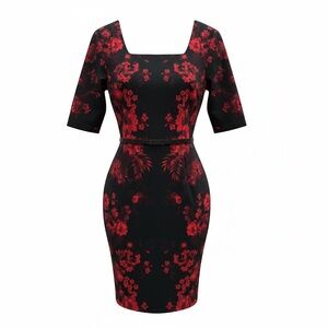 T Tahari ✨Black Red Floral Sheath Cocktail Dress Belted Square Neck